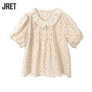 Jret韓系小清新百搭減齡碎花花邊娃娃領(lǐng)襯衫女夏季褶皺雪紡?fù)尥奚郎弦?粉花 S 2#【建議80-100斤】