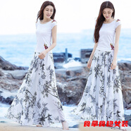 柒十念半身裙長(cháng)裙雪紡女夏松緊腰高腰中長(cháng)款印花a字中年媽媽舞裙大擺子 水墨竹子 L 100-120斤