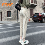 FSHE白色哈倫牛仔褲女米白小眾新款淺色寬松高腰顯瘦蘿卜老爹褲ins 杏色 S