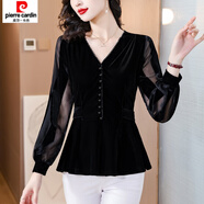皮爾卡丹（pierre cardin）法式V領(lǐng)金絲絨上衣女秋冬新款氣質(zhì)收腰裙擺小衫t恤黑色遮肚打底衫 1258黑色質(zhì)量 M 建議90-105斤