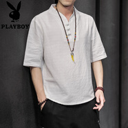 花花公子（PLAYBOY）中國風(fēng)亞麻短袖t恤男款秋季潮牌新中式男裝大碼棉麻半袖上衣 7026白色 M (90-110斤)