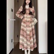 依慕琪小個子套裝裙連衣裙秋冬季淑女氣質(zhì) 復(fù)古格紋毛呢連衣裙黑白格冬 粉色長款 XS