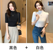 吻藝秀高領(lǐng)短袖女高級感半高領(lǐng)t恤女士半袖半截袖夏天穿的女內(nèi)搭五分袖 黑色+白色 L 適合95-115斤