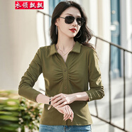 衣領(lǐng)飄飄時尚洋氣衣服女裝t恤長袖翻領(lǐng)春秋紐扣褶皺上衣女生休閑開衫體恤 軍綠色 3XL