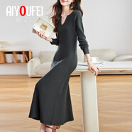 璦優(yōu)霏（aiyoufei）輕奢氣質(zhì)V領(lǐng)針織連衣裙女秋冬新款性感修身內搭打底過(guò)膝毛衣長(cháng)裙 深灰色 L 建議105-115斤左右