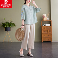 皮爾卡丹（pierre cardin）2025夏季新款休閑褲棉麻套裝女寬松文藝復古上衣哈倫褲2件套套裝 淺綠上衣+杏褲 3XL 【建議160-180斤】