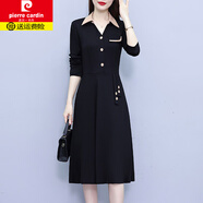 皮爾卡丹（pierre cardin）加絨加厚連衣裙子女士春秋冬季2024年新款氣質(zhì)大號(hào)打底長袖中長裙 黑色（不加絨）《別致漂亮女神范 L (90-105斤)
