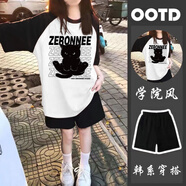 Baldauren12女大童夏季短袖短褲套裝15歲中小學(xué)生胖童女孩18少女多巴胺運(yùn)動(dòng) 擺爛貓#黑拼白T恤+黑色短褲 套裝 薄款 145 (XS) 建議65-75斤