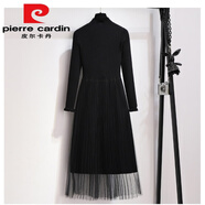 皮爾卡丹（pierre cardin）小香風(fēng)黑色打底針織連衣裙女秋冬修身顯瘦純色百搭網(wǎng)紗拼接毛衣裙 黑色【平下擺】 均碼 85-135斤