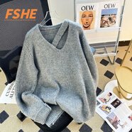 FSHE高級感v領(lǐng)鏤空套頭毛衣女秋冬季韓版加厚設(shè)計感小眾慵懶風(fēng)針織衫 灰色 M