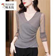 啄木鳥(niǎo)（TUCANO）品牌交叉V領(lǐng)上衣女2025新款秋裝今年蕾絲小衫網(wǎng)紗長(cháng)袖修身t恤打底 2380淺灰色 L建議105-115斤