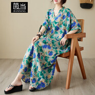 簡(jiǎn)當（JIANDANG）大碼女裝夏季v領(lǐng)薄寬松顯瘦文藝度假風(fēng)沙灘裙復古遮肉長(cháng)款袍5910 綠色 大碼均碼【130-200斤】