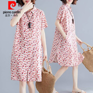 皮爾卡丹（pierre cardin）夏新款桃花盞寬松玫紅波點(diǎn)鹽縮棉中長(cháng)款a字連衣裙襯衫裙 玫紅色 大碼2XL