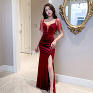 新欲性感桑拿SPA技師工作服KTV公關(guān)佳麗長(cháng)款連衣裙低胸顯瘦晚禮服 酒紅色 S
