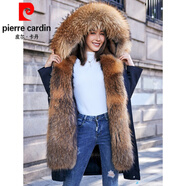 皮爾卡丹（pierre cardin）派克服女裝貂毛冬季新款可拆卸內(nèi)膽皮毛一體中長款仿皮草海寧外套 典雅黑中長款 衣長85CM L 105-120斤