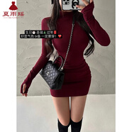 夏雨瑤連衣裙秋季新款歐美風(fēng)高領(lǐng)百搭緊身顯瘦長(cháng)袖包臀螺紋短裙打底裙女 酒紅色 XL