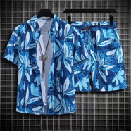 狄帝鯊海南島沙灘服三亞旅游冰絲港風襯衣夏威夷花襯衫島服男女短袖套裝 C71套裝【藍色】 XL