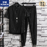 羅蒙痞帥男裝一套搭配帥氣個(gè)性成熟短袖t恤男士夏季韓版潮流運動(dòng)套裝 316黑色長(cháng)褲套裝 XL 120-140斤