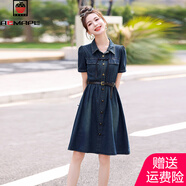 AEMAPE新中式中國風(fēng)盤扣牛仔連衣裙女2025夏季新款短袖修身顯瘦洋氣裙子 MX-12-3206_深藍(lán)色 L