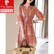 皮爾卡丹（pierre cardin）歐洲站2024夏季新款波西米亞茶歇法式雪紡連衣裙寬松洋氣時(shí)尚裙子 紅色 M 【100斤以內(nèi)】