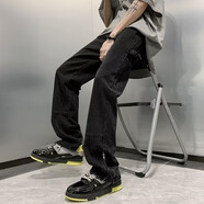柯菲沃小眾設計感拉鏈開(kāi)叉牛仔褲男款春季美式復古寬松直筒拖地高街褲子 HW-X222黑色(配腰帶) XL