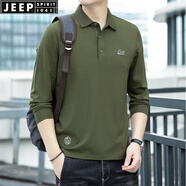 JEEP SPIRIT吉普休閑翻領(lǐng)長袖t恤男寬松大碼薄春秋莫代爾彈力柔軟開衩體恤衫 軍綠色 M (170) /92A建議125-130斤