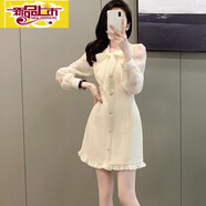 初徑法式小香風(fēng)連衣裙女杏色2025秋冬新款感名媛風(fēng)百褶小眾設(shè)計(jì)感 杏色 s穿至95斤