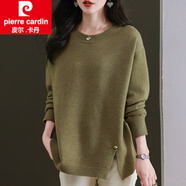 皮爾卡丹（pierre cardin）羊毛衫前短后長毛衣女秋冬寬松加肥加洋氣開叉針織打底衫女裝冬季 苔綠 M 建議100-110斤
