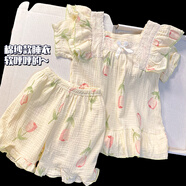 麥穗熊棉紗兒童睡衣女童夏季純棉薄款郁金香少女公主風(fēng)2024年新款家居服 JDZ301 140cm-童16碼 建議身高135-145CM