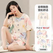 花九卿揭陽普寧睡衣女夏季短袖睡衣女夏季短袖短褲薄款大碼家居 XG5681[針織棉；自帶胸墊] M (體重:75-95斤)