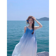 妍莉芬（yanlifen）氛圍感拍照適合海邊度假連衣裙2024年新款女裝夏季無袖吊帶裙子 藍白漸變 XL 125-150