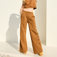 MAGNLENS秋季闊腿休閑褲女寬松喇叭針織鏤空設計感長(cháng)褲 褐色 XS 160