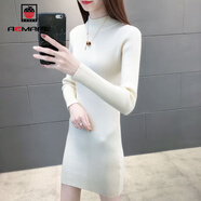 AEMAPE毛衣女中長(cháng)款半高領(lǐng)打底衫女2025春秋冬加厚洋氣針織衫女紅色上衣 米白色 XL