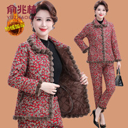 俞兆林（YUZHAOLIN）中老年媽媽冬裝新款加絨加厚棉衣套裝奶奶寬松居家兩件套碎花棉服 紅色花 XL (參考90-105斤)