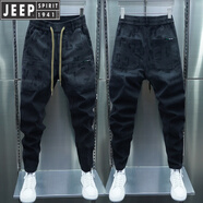JEEP秋冬新款男士多口袋休閑褲漸變色字母修身小腳牛仔褲彈力哈倫褲潮 款黑色 加絨 29 建議110-120斤