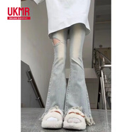UKMR復古流蘇設計感辣妹高腰牛仔褲女夏季新款破洞小個(gè)力微喇長(cháng)褲 復古藍小個(gè)子 M 95-110斤