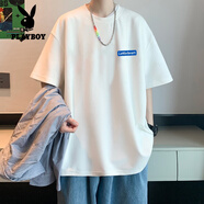 花花公子（PLAYBOY）純棉短袖t恤男裝夏季牌潮流重磅正肩2025新款寬松情侶上衣服國潮 T2233白色 純棉重磅 S 高質(zhì)+純棉+現貨立發(fā)85-105斤