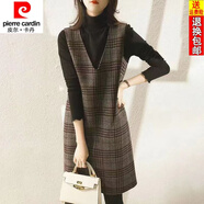 皮爾卡丹（pierre cardin）23年新款格子毛呢馬甲群長款馬甲女春秋無袖直筒顯瘦毛呢連衣群背 咖啡色 2XL 135-150斤