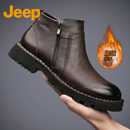 Jeep吉普中幫馬丁靴男 2025秋冬新款頭層牛皮英倫風(fēng)青年切爾西短靴 暗棕色（加絨保暖） 40