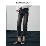 法曼萱（FAMANXUAN）煙灰色直筒九分牛仔褲女秋季新款彈力毛邊法棍煙管褲子 煙灰色 175/76A/XL