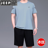 JEEP SPIRIT運動套裝男夏季2025新款冰絲圓領(lǐng)短袖T恤短褲寬松兩件套休閑服薄 271霧霾藍(lán)(冰絲) L (95-120斤)