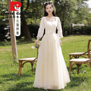 皮爾卡丹伴娘服香檳色2025新款平時(shí)可穿小眾長(zhǎng)款顯瘦長(zhǎng)袖晚禮服裙女 香檳色紗袖 長(zhǎng)版D款小方領(lǐng) XXL