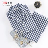 美標情侶睡衣女長(cháng)袖純棉春秋三層棉紗全棉外穿格子軟棉棉家居服套裝冬 325男士灰藍 XL