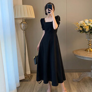 憶思減黑色連衣裙女2025款泡泡袖法式收腰顯瘦方領(lǐng)短袖長(zhǎng)裙赫本風(fēng)小黑裙 連衣裙(黑色) XL （建議體重118-128斤）