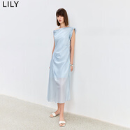 LILY醋酸天絲微光不對(duì)稱(chēng)斜肩設(shè)計(jì)收腰顯瘦無(wú)袖連衣裙 401藍(lán)色 M