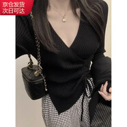 確彤春秋v領(lǐng)針織打底衫女內(nèi)搭新款法式收綁帶綁帶毛衣長袖針織衫上衣 黑色 L