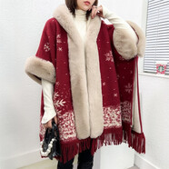 CerrnKutta新款毛毛氣質(zhì)針織披肩大毛領(lǐng)披風(fēng)斗篷外套女秋冬季手套帽子套裝 圣誕紅加絨加厚（雪花圖案） 均碼【80-150斤可穿】