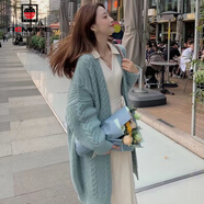 AEMAPE針織衫女2025春秋冬季新款毛衣開(kāi)衫復古時(shí)尚寬松麻花中長(cháng)款上衣 藍色 M _95-105斤