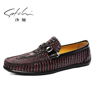 沙馳男鞋新款透氣商務(wù)休閑鞋牛皮潮流一腳蹬真皮豆豆鞋大小碼 酒紅色 39