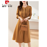 皮爾卡丹（pierre cardin）杭州真絲連衣裙女士長(zhǎng)袖百褶裙子2024秋冬新款高端桑蠶絲長(zhǎng)裙 卡其色 M 100-110斤